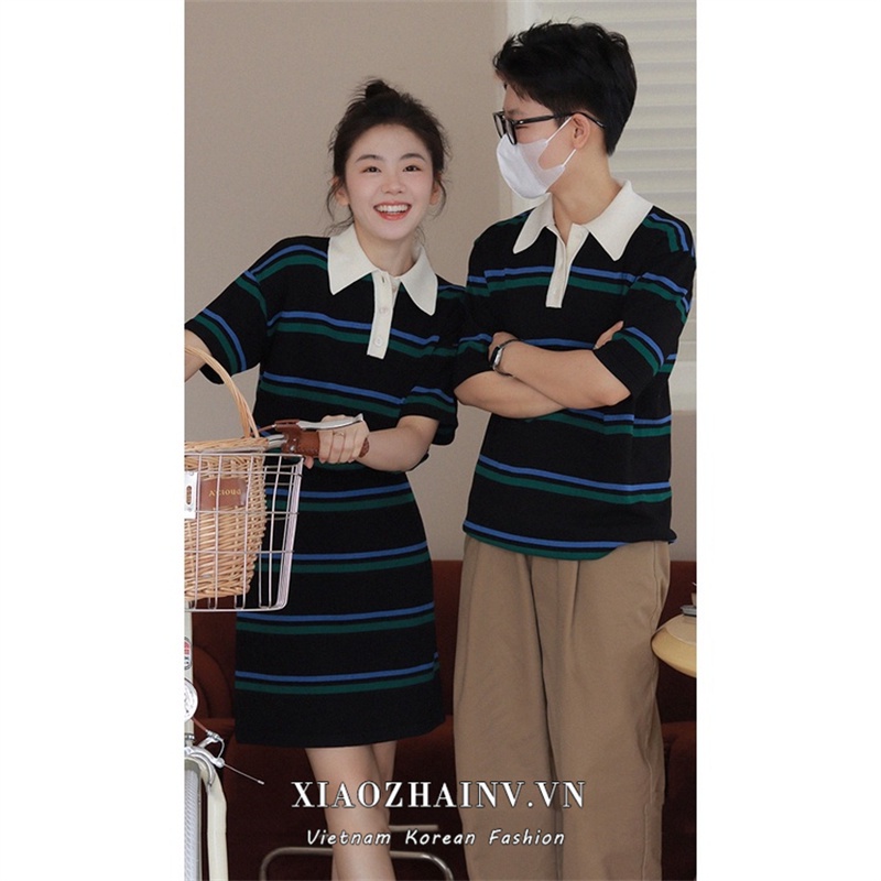 Set Áo Thun Polo Ngắn Tay Sọc Ngang + Chân Váy Ngắn Lưng Cao Thời Trang Hàn Cho Nữ