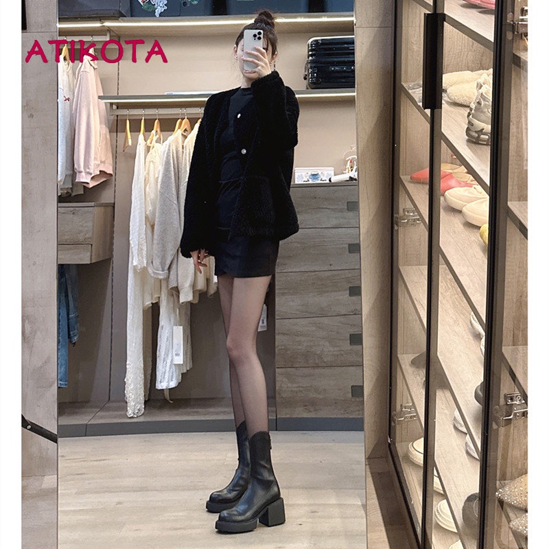 Atikota Giày Bốt Martin Cổ Thấp Đế Dày Thoải Mái Mũi Tròn Phối Khóa Kéo Sau Thời Trang Cho Nữ