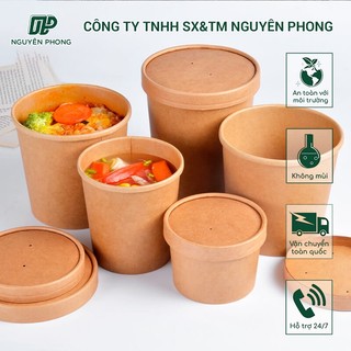 [Bán sỉ - Hoả tốc] 50 Tô giấy nâu nắp giấy 480ml 780ml đựng soup, canh, bún phở mang đi