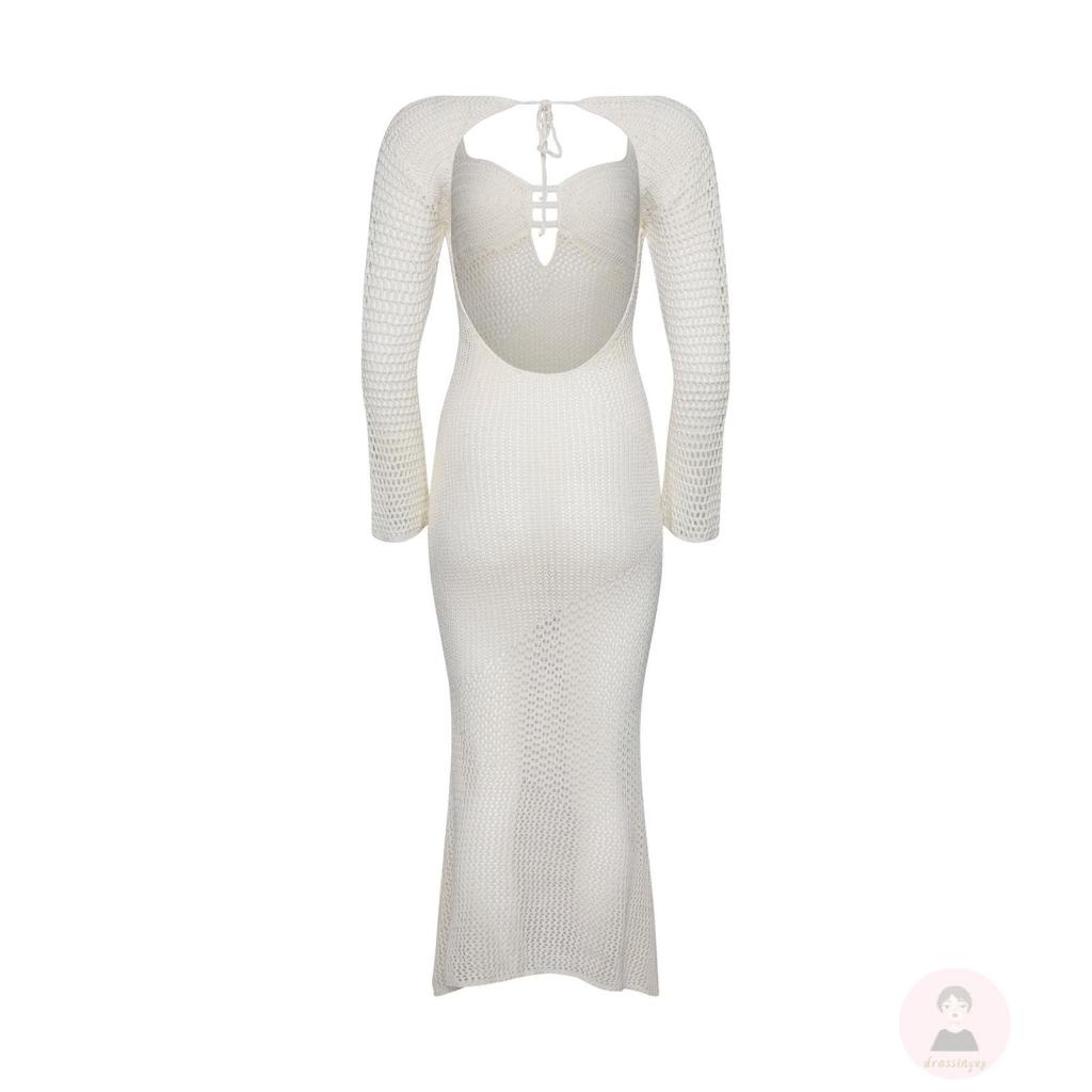 Đầm Midi Dệt Kim Tay Dài Hở Lưng Màu Sắc Đơn Giản Cho Nữ