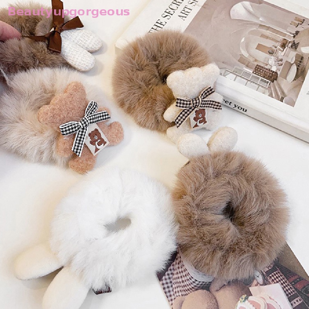 Dây Buộc Tóc Cao Su Đính Lông Trắng Hình Tai Thỏ Và Gấu Đáng Yêu Thời Trang Cho Nữ