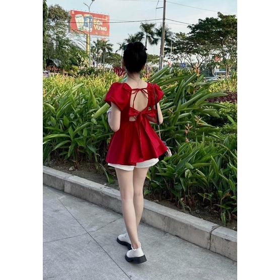 Set áo peplum nơ lưng + short trắng