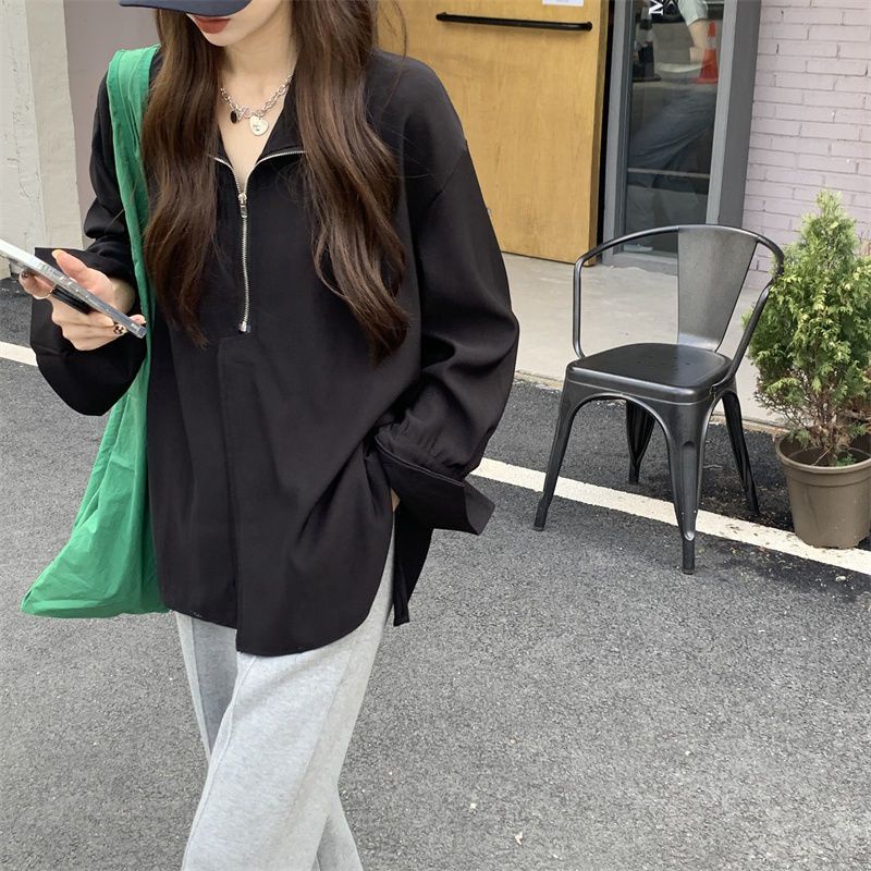 Áo sơ mi COZOKC tay dài màu trơn có khóa kéo thời trang