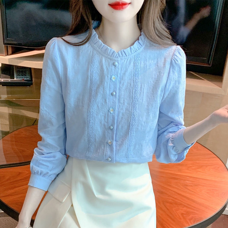 ICE Cotton Younger Fashion Embroidered Jacquard Cotton Shirt Women's Western Style Cotton Wooden Ear Collar Top