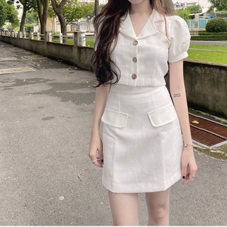 Set chân váy áo croptop cổ vest trắng xinh thiết kế cao cấp hợp đi chơi đi tiệc có lót quần Lazaxy