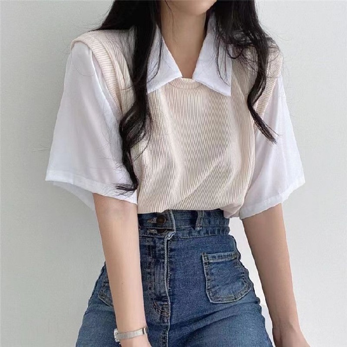 [Mã TOPS06 giảm đến 10k đơn 99k] Áo polo Giả Hai Lớp Tay Ngắn Dáng Rộng Màu Sắc Tương Phản Thời Trang Mùa Hè Cho Nữ áo phông nữ form rộng