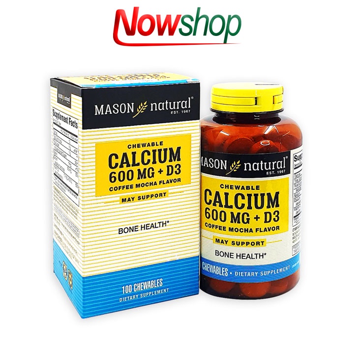 Viên nhai Mason Natural Calcium 600mg + D3 bổ sung canxi và vitamin hỗ trợ xương chắc khoẻ tăng chiều cao. Hộp 100 viên