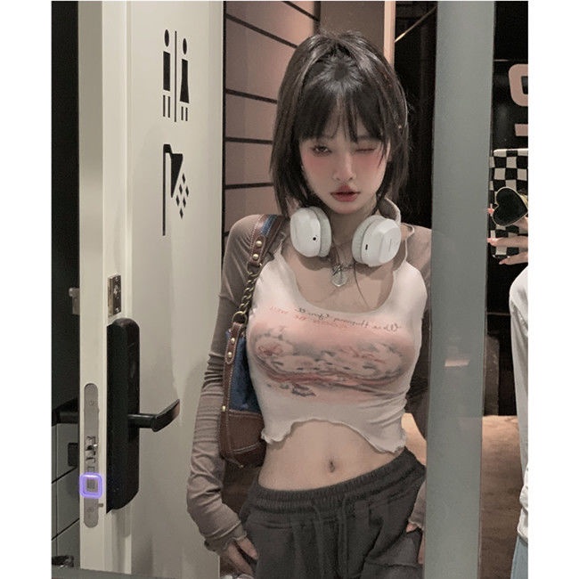 Áo Thun Tay Dài Hở Rốn Ôm Dáng In Hình Mèo Dễ Thương Thời Trang Mùa Thu Cho Nữ