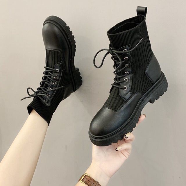 (ORDER) Bốt cổ ngắn da mềm phối len dây rút BIG SIZE 35-40 - Ảnh thật