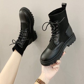 Bốt cổ ngắn da mềm phối len dây rút big size 35-40 - ảnh thật