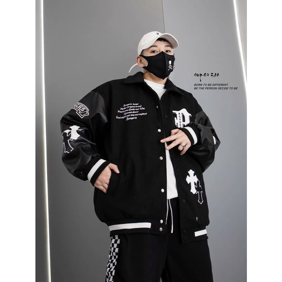 Áo khoác varsity jacket , bomber da nam nữ thân dạ form rộng có cổ phong cách Hàn Quốc