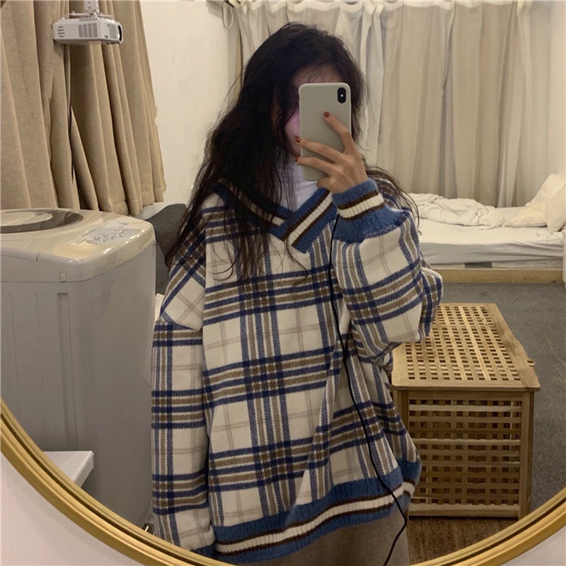 Set Áo Len Tay Dài Cổ Chữ V Và Chân Váy Phong Cách Retro