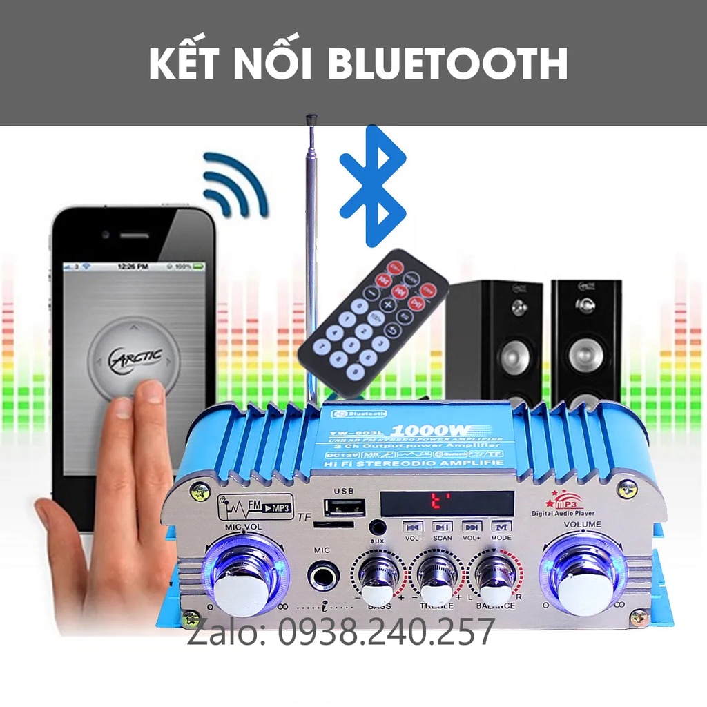 Amply karaoke Bluetooth cho xe hơi, loa mini, bộ khếch đại âm thanh Hifj YW-803 cho ô tô hỗ trợ chức năng bass treble