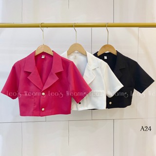 D163 LEOSWEARING Áo sơ mi croptop cổ vest nữ phong cách Hàn Quốc