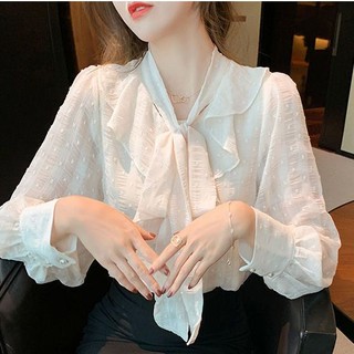 Áo sơ mi chiffon tay dài dáng rộng thắt nơ phong cách hàn quốc mới