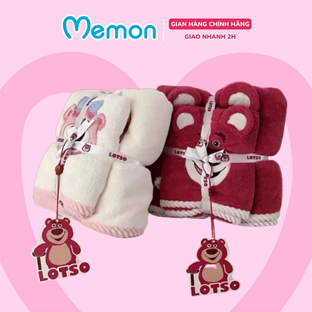 Set Khăn Bông Và Khăn Lau Tóc Lotso Dâu Thấm Hút Mềm Mại Cao Cấp Memon