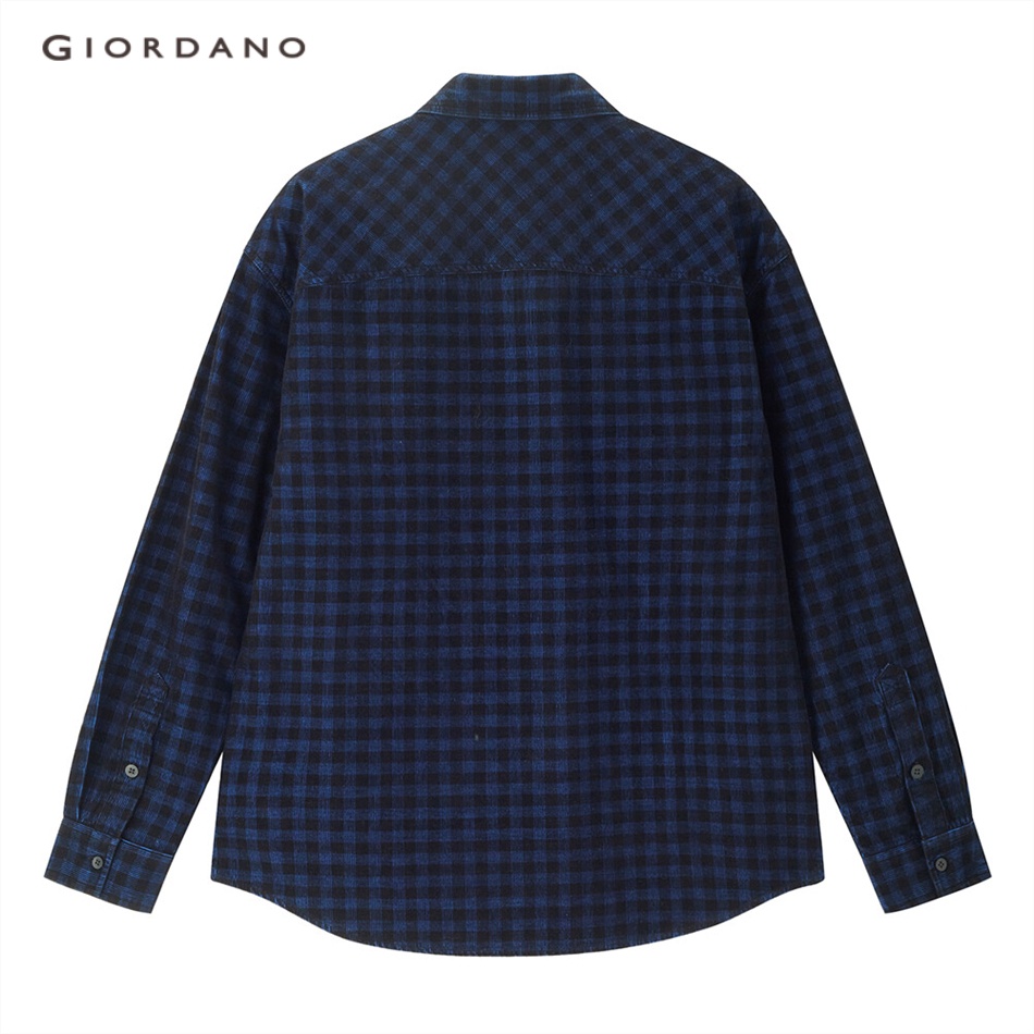 Áo sơ mi GIORDANO 18043601 vải dệt kim corduroy tay dài họa tiết caro phối túi dành cho nam