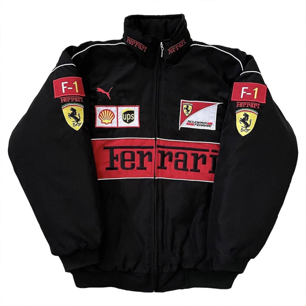 Áo Khoác Cotton Tay Dài Thêu Logo Ferrari Team F1 Màu Đen Thời Trang Thu Đông