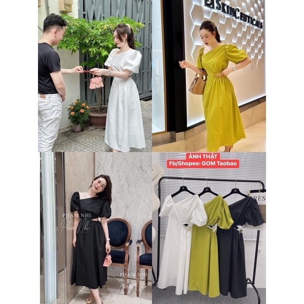 (3 màu:trắng-đen-xanh bơ(2 LỚP Video ảnh thật) Đầm cut eo tay phồng Phạm Nhi trắng đen xanh bơ cốm váy thô tay bồng