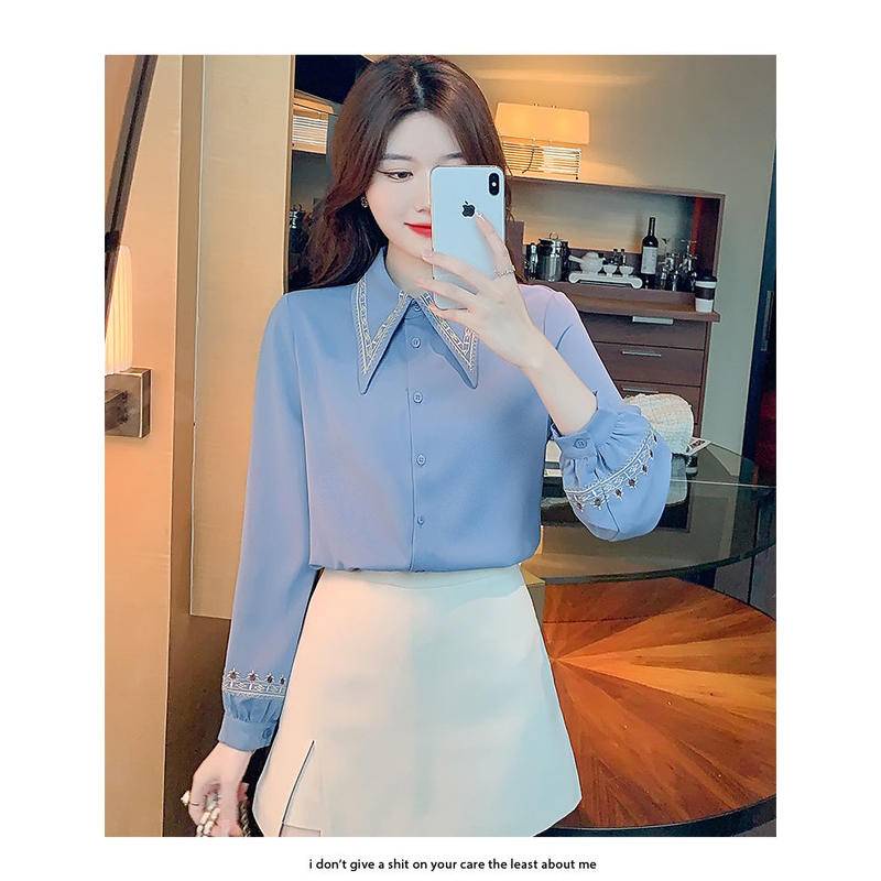 Áo Sơ Mi Chiffon Tay Dài Màu Xanh Dương Phong Cách Pháp Thời Trang Mùa Xuân Mới 2023 Cho Nữ