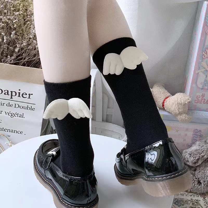 Vớ Cổ Trung Màu Trơn Đính Cánh Thiên Thần Ngọt Ngào Dễ Thương Phong Cách Lolita Nhật Bản Cho Nữ