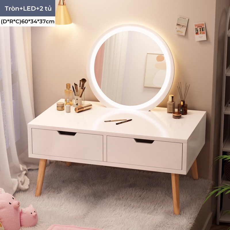 Bàn trang điểm, bàn phấn kèm gương tích hợp đèn LED kèm nút cảm ứng thông minh và ngăn kéo để đồ tiện lợi