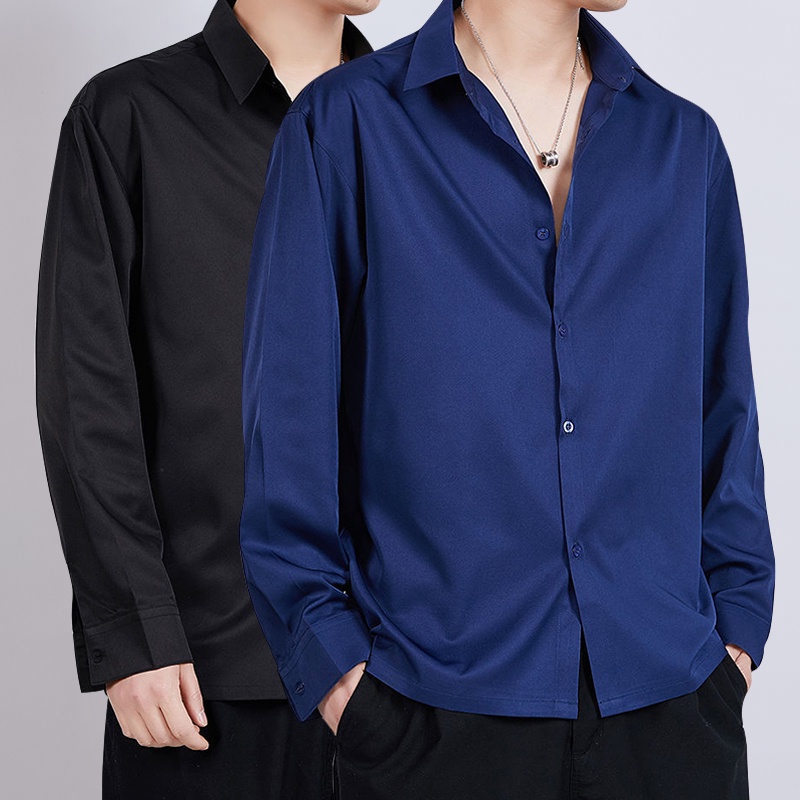 (S ~ L) Áo sơ mi dài tay cơ bản Unisex, đen, trắng và xanh, mịn và mát, kích thước nhỏ rộng