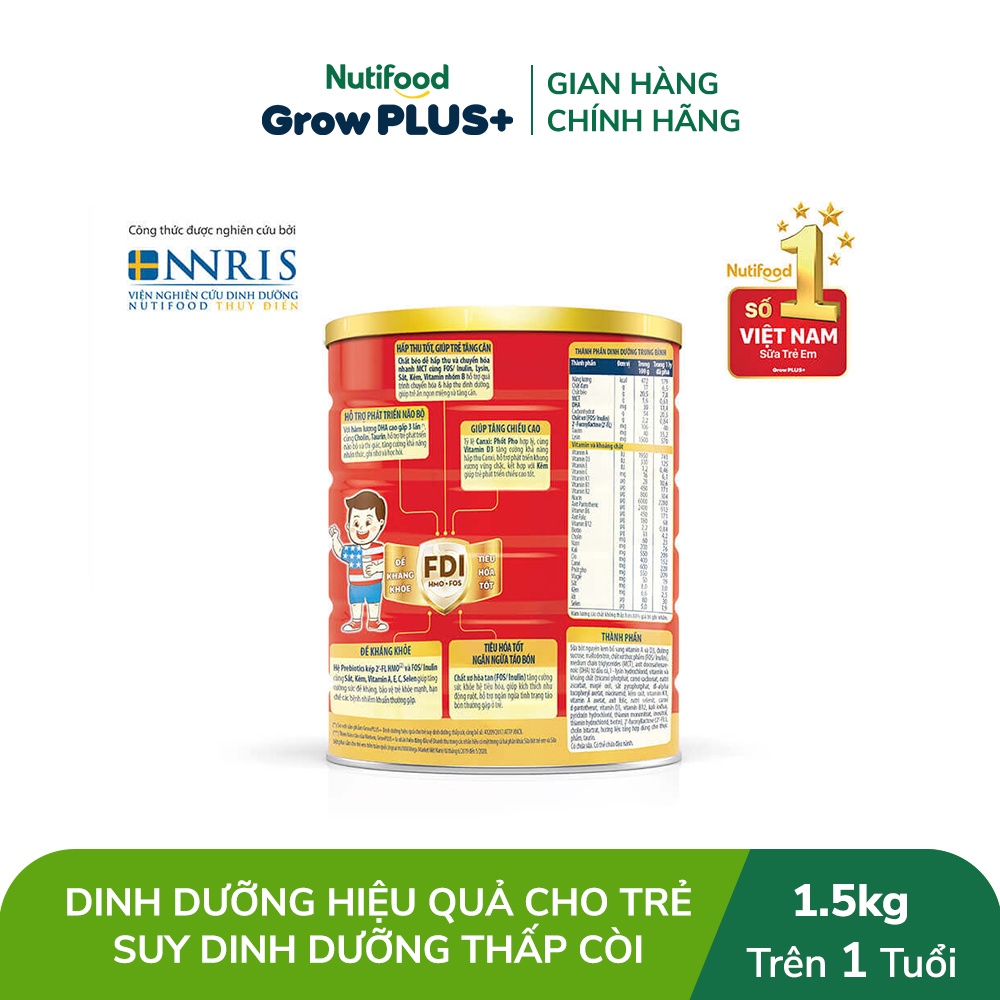 Sữa Bột Nutifood GrowPLUS+ Suy Dinh Dưỡng 1.5kg - Trên 1 Tuổi - Tăng Cân, Tăng Chiều Cao (Lon 1.5kg)
