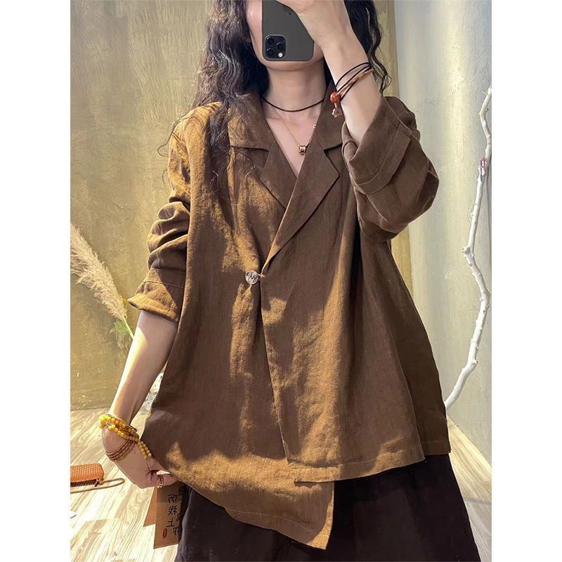 Áo Khoác Blazer Bằng Vải Cotton Lanh Cài Một Hàng Nút Kiểu Retro Thời Trang Xuân Hè 2023 4 Màu Tùy Chọn