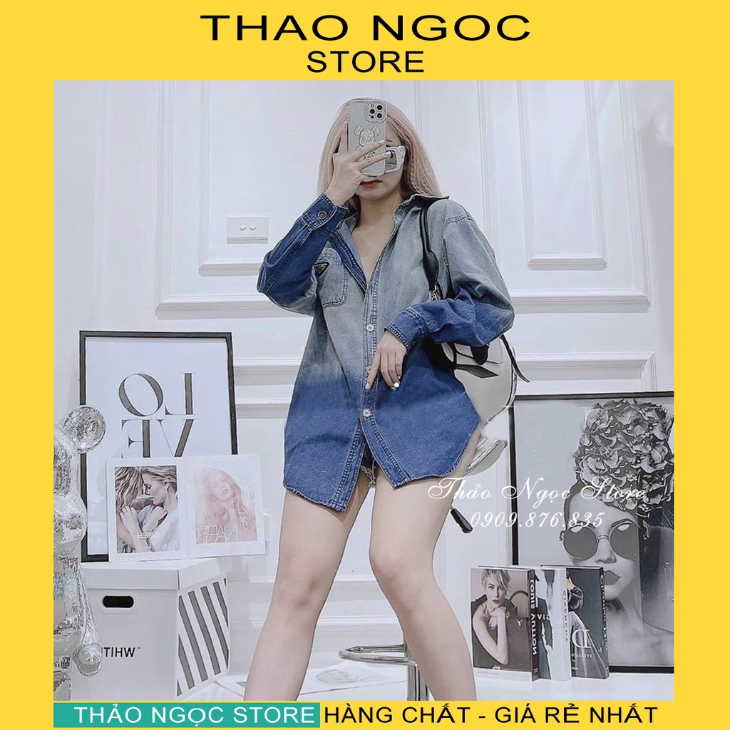 Áo sơ mi jean tay dài loang màu tag logo! (hình thật, hàng có sẵn)