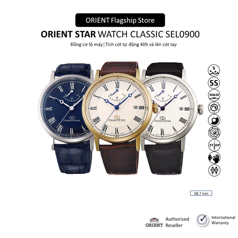 Đồng hồ cơ nam Orient Star Watch Classic SEL0900 tích cót 40 tiếng mặt kính Sapphire dây da đeo tay 
