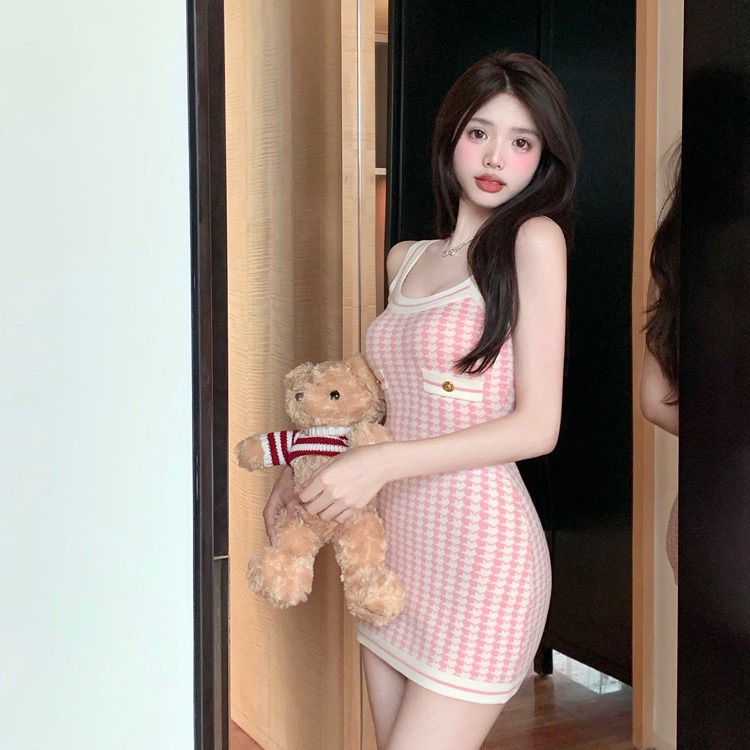 COZOK Đầm Dệt Kim Không Tay Họa Tiết Ca Rô Xinh Xắn Dành Cho Nữ