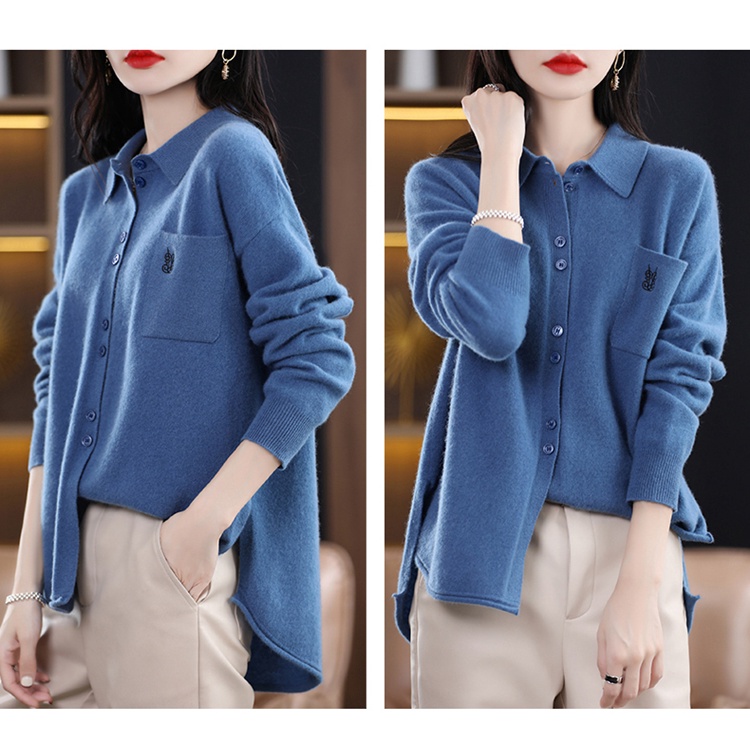 Áo Khoác Cardigan Dệt Kim Cổ POLO Thêu Họa Tiết Thời Trang Xuân Thu