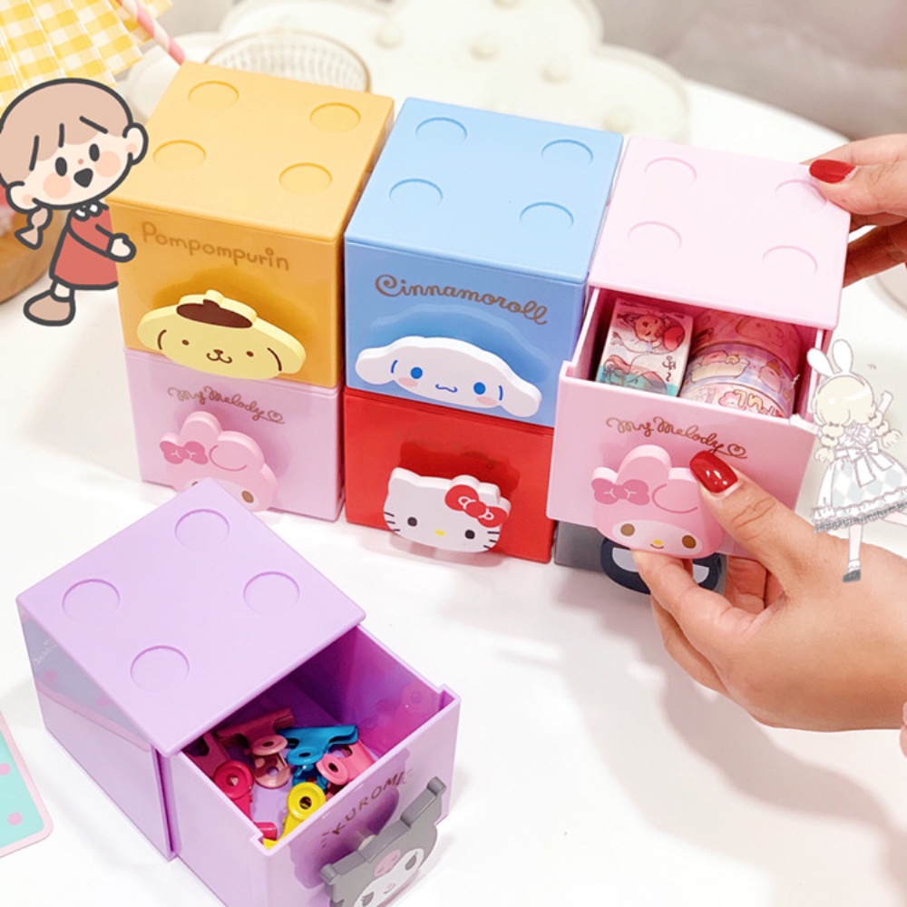 ♫Sanrio Hộp Đựng Đồ Hoạt Hình Hộp Đựng Đồ Lặt Vặt Xếp Hình Vuông Hello Kitty Giai Điệu Phim Hoạt Hình Kuromi Cinnamoroll Dễ Thương Ngăn Kéo Nhỏ Để Bàn