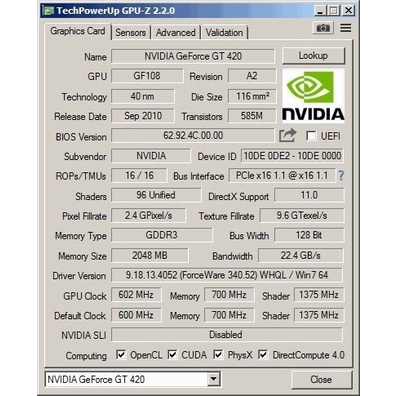 Card VGA  GT420 mã GV-N420-2GI của Gigabyte, card zin chạy tốt, cấu hình 2GB