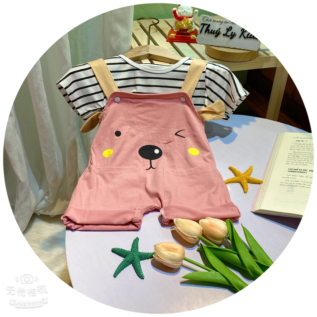 Set yếm kèm áo kẻ mẫu in mặt cún cho bé trai bé gái