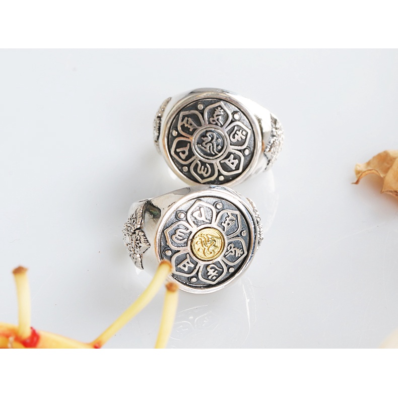 Nhẫn Bạc Khắc Sáu Cung Điện Gossip Heart Sutra Buddh Có Thể Xoay Được Cho Nam