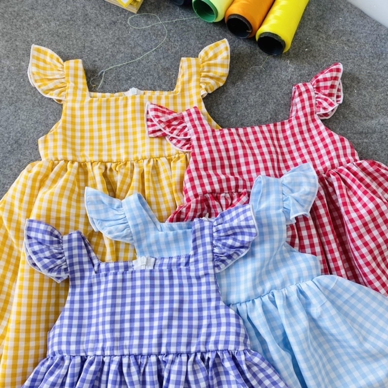 Đầm bé gái 2 dây cánh tiên bản to carro trơn 8-26kg❤️freeship❤️Tặng no kẹp tóc M.C kids