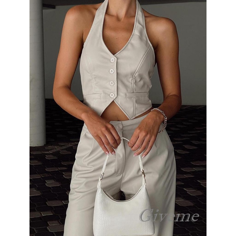 Áo Croptop Da PU Màu Trơn Cổ Yếm Cài Nút Thời Trang Mùa Hè Cho Bạn Gái