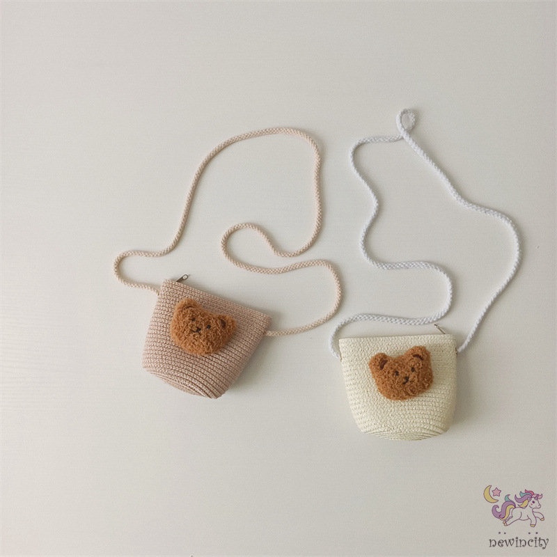 Túi Rơm Đeo Chéo Hình Gấu Dễ Thương Cho Bé Gái