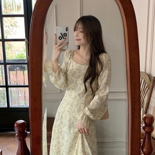 ĐẦM HOA NHÍ TÍM NỀN VÀNG CỔ VUÔNG CHẤT MÁT 2hand