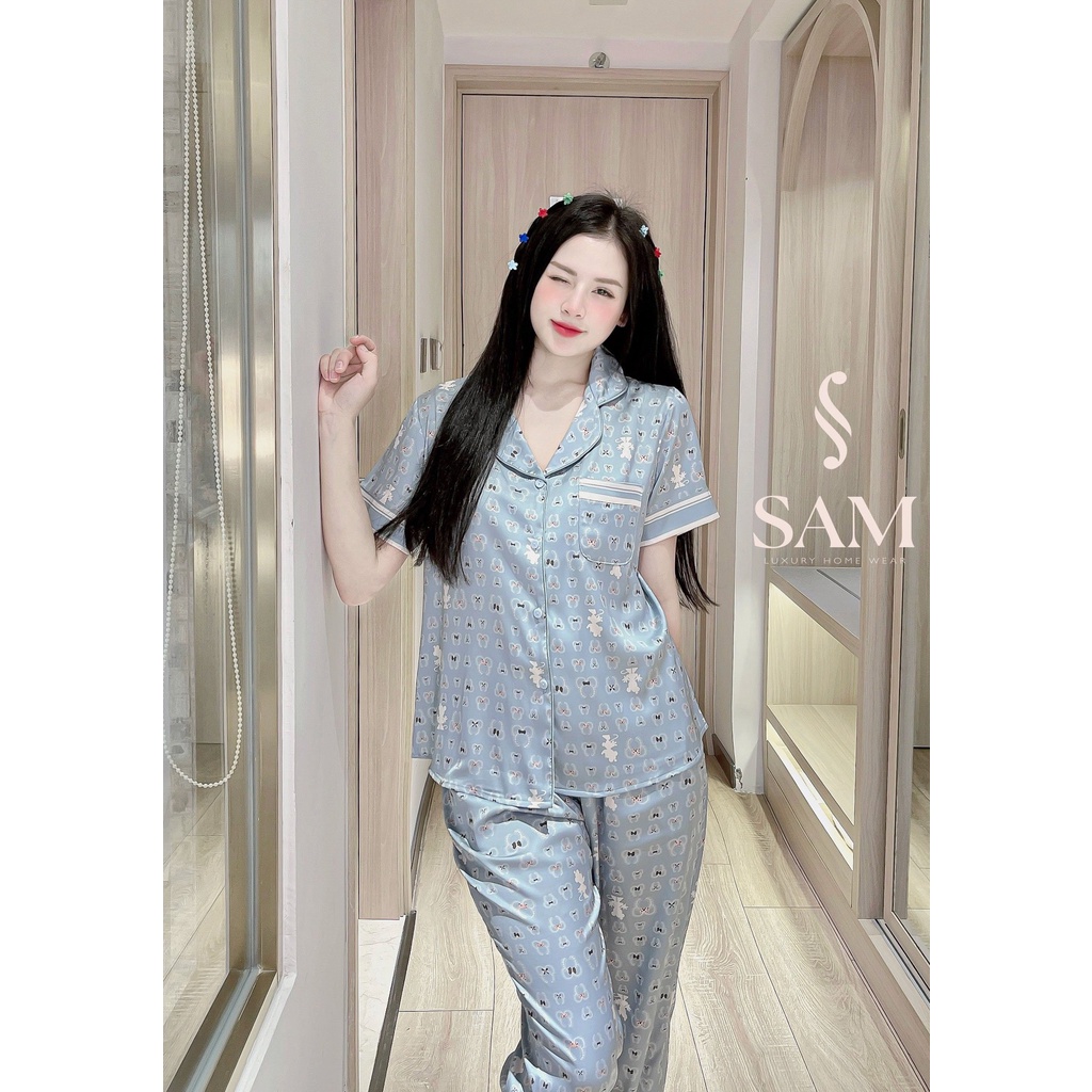 Bộ mặc nhà lụa Sam luxury, pijama lụa tay ngắn quần dài cao cấp