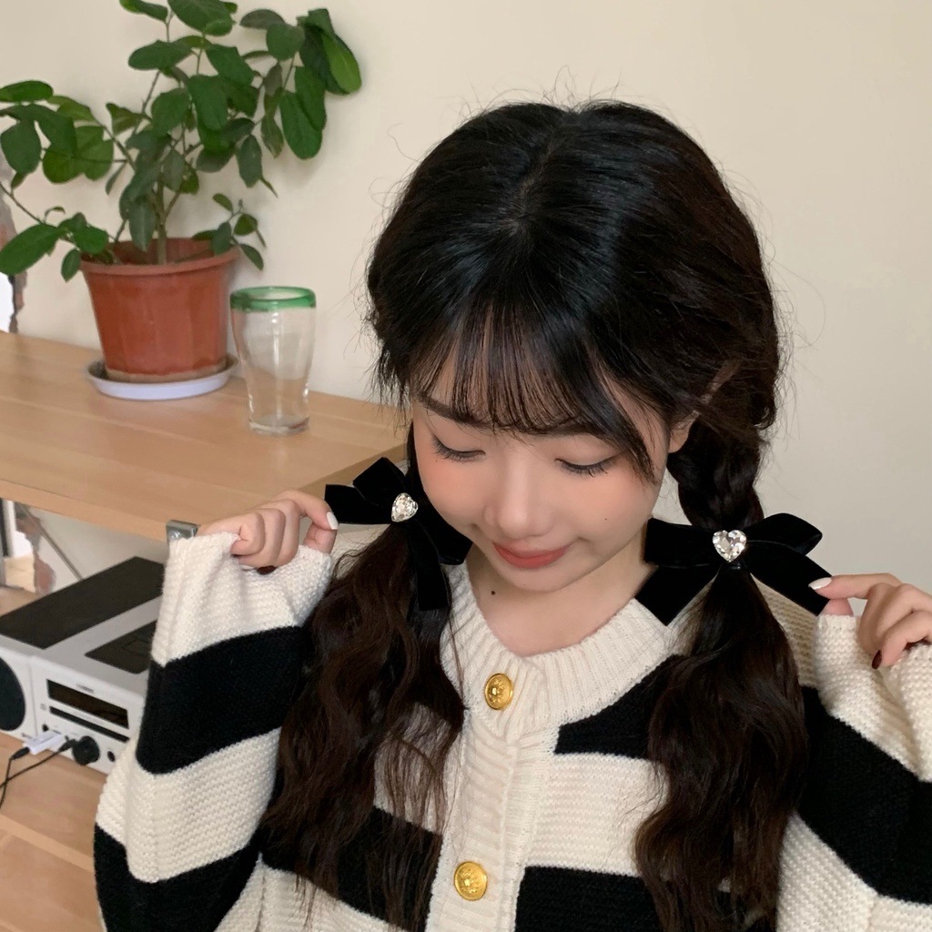 Kẹp Tóc Hình Nơ Đen Đính Kim Cương Phong Cách Hàn Quốc Cho Nữ