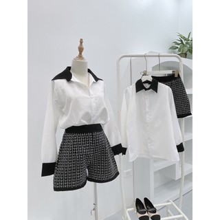 Set Sơ Mi Cổ Đen, Chất Thô Lụa Mềm, Quần Ống A Chất Dạ Nhũ Cao Cấp (Hàng Sẵn)