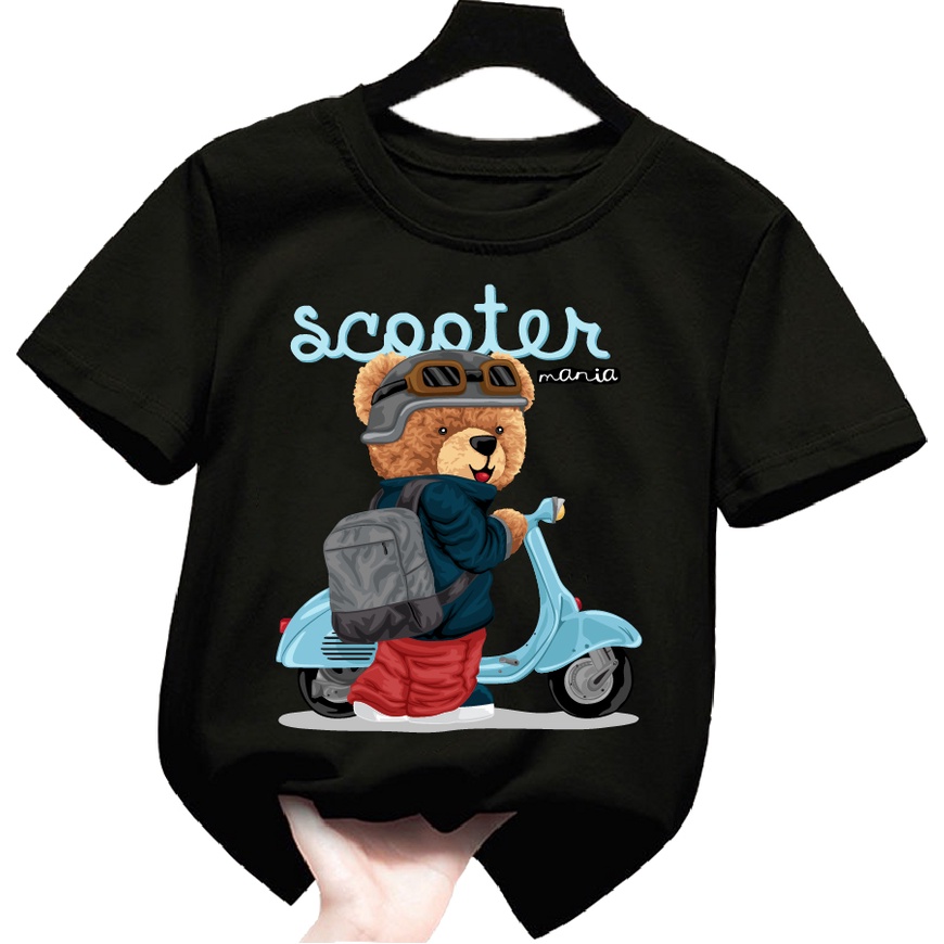 Áo thun trẻ em be trai bé gái hình gấu đeo kính dắt xe cho bé từ 6kg đen 30kg.G2.