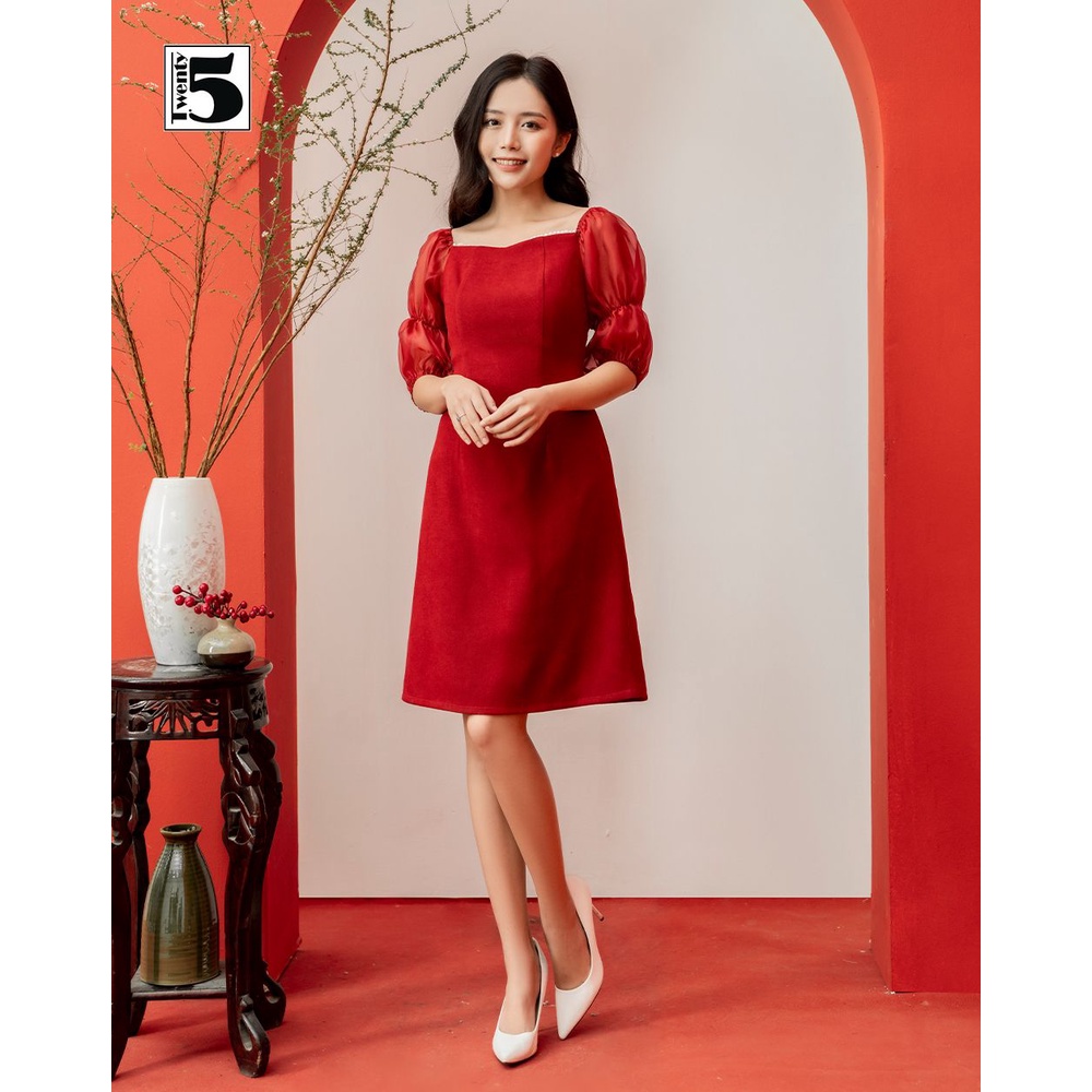 Đầm dự tiệc đỏ trễ vai tay viền ren tay voan bồng chun Twentyfive SD45