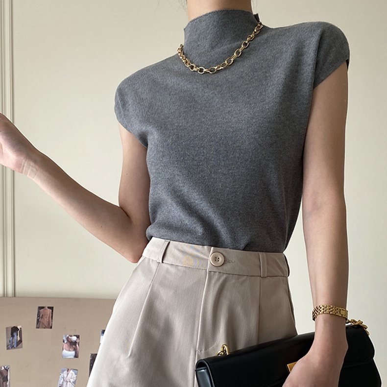 Áo dệt kim SUXI không tay cổ cao ôm dáng thời trang mùa hè cho nữ