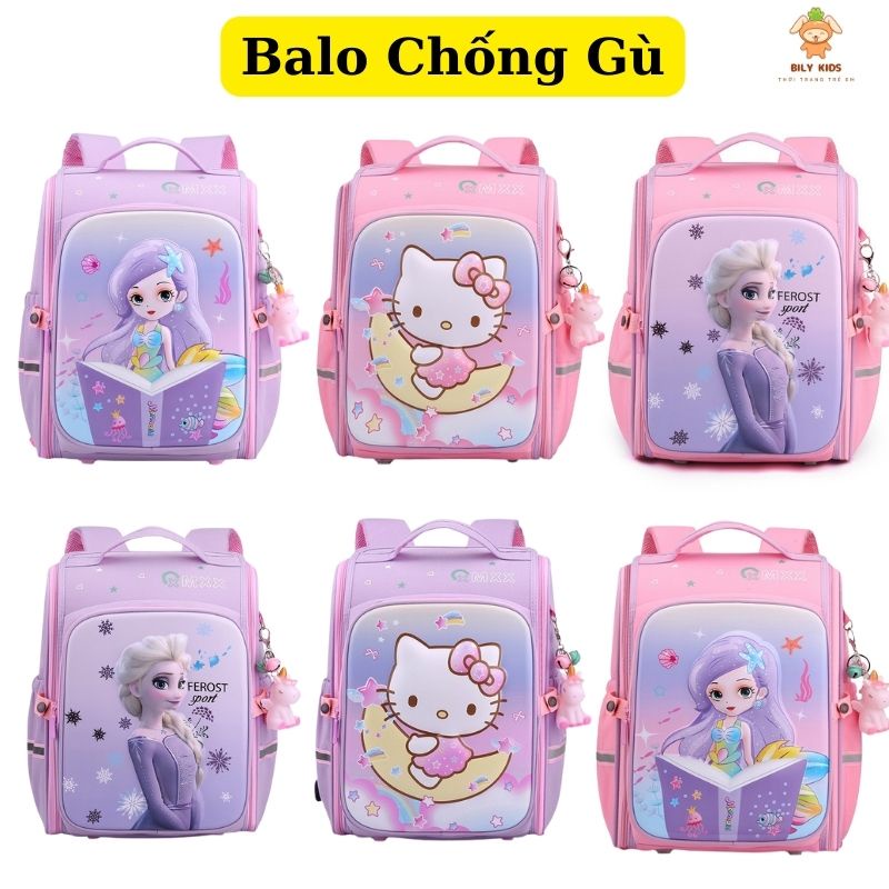 Balo chống gù, cặp sách trẻ em cho bé gái đi học tiểu học lớp 1 2 3 họa tiết 3D Kitty Công chúa Elsa Bily Kids
