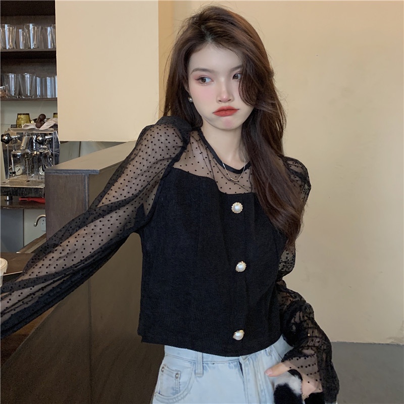 IELGY  Áo Kiểu Tay Phồng Phối Lưới Thời Trang Cho Nữ