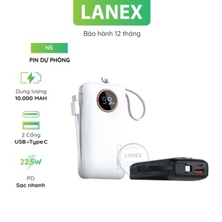 Pin Dự Phòng Lanex N5 Abs 1 Cổng Usb 1 Cổng Type C 1 Cổng Ligh Pd Qc3.0 22.5w 10000mah Màn Hình Led